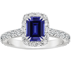 Women Halo Ring Emerald Sri Lankan Sapphire & Diamond 5 Carats