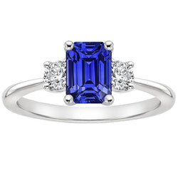 Gemstone Three Stone Ring Round Natural Earth Mined Diamond & Ceylon Sapphire 3.50 Carats