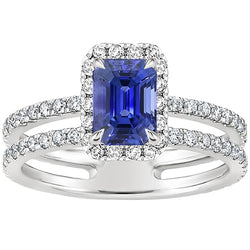 White Gold Halo Ring Emerald Blue Sapphire & Natural Earth Mined Diamond 5 Carats