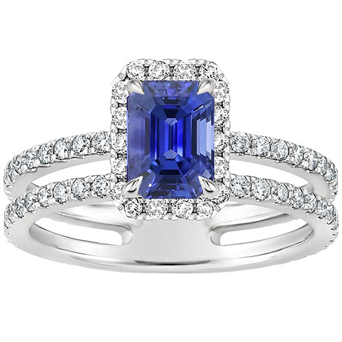 White Gold Halo Ring Emerald Blue Sapphire & Diamond  