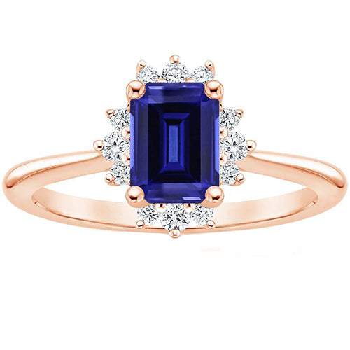 High Quality Unique Flower Style Ring Ceylon Sapphire & Diamond Emerald Cut