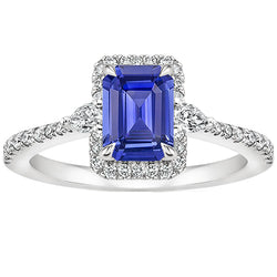 Halo Ring White Gold 14K Emerald Blue Sapphire & Natural Earth Mined Diamond 4.25 Carats