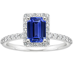 Halo Ring Emerald Ceylon Sapphire & Diamond 4.25 Carats White Gold 14K
