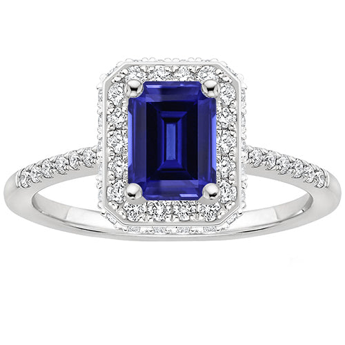 New High Quality Wedding White Gold Halo Ring Emerald Ceylon Sapphire & Diamond 