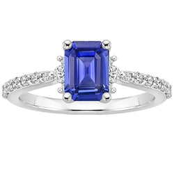 Solitaire Accents Ring Blue Sapphire & Natural Earth Mined Diamond 4 Carats Emerald Cut
