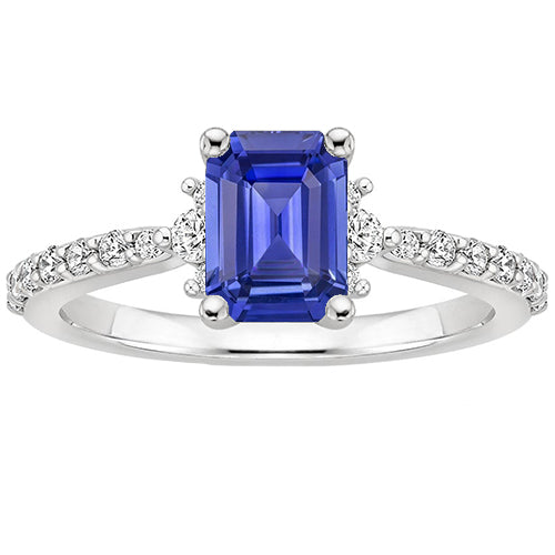 High Quality Wedding Solitaire Accents Ring Blue Sapphire & Diamond 4 Carats Emerald Cut