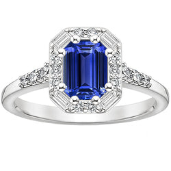 Halo Ring Sri Lankan Sapphire & Natural Earth Mined Diamond 4 Carats Emerald Cut