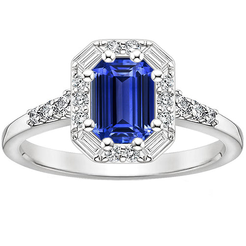 Halo Ring Sri Lankan Sapphire & Natural Earth Mined Diamond 4 Carats Emerald Cut