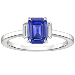 Three Stones Ring Emerald Blue Sapphire & Baguette Natural Earth Mined Diamonds 4 Carats