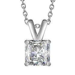 Radiant Cut 3 Carat Solitaire Diamond Pendant Necklace Gold White