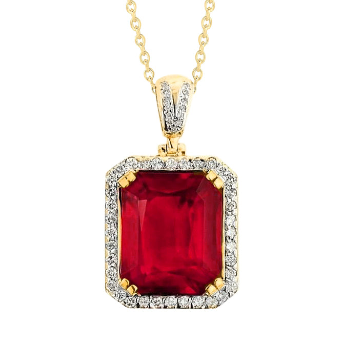 Red Ruby And Natural Earth Mined Diamonds 14K Yellow Gold 8.70 Carats Pendant Necklace