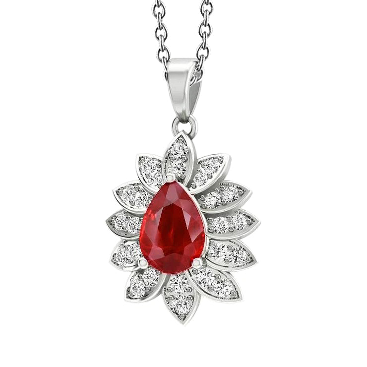 Red Ruby And Natural Earth Mined Diamonds Lady Pendant Necklace 3.75 Carats WG 14K