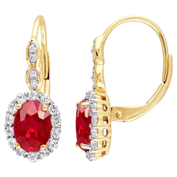  Lady’s great style  Red Ruby Leverback  Stud Halo Earrings Yellow Gold