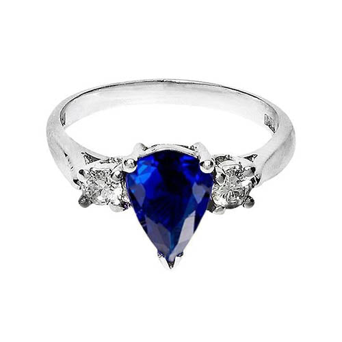 Women Jewelry Three Stone Pear Blue Sapphire And Diamond Engagement Ring