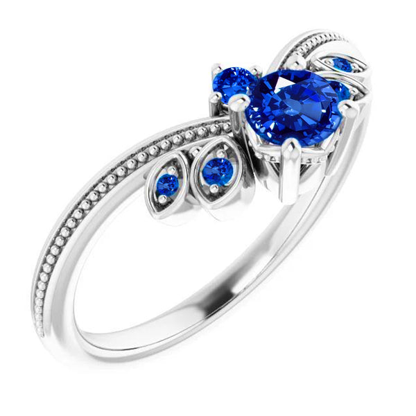 Ring Blue Sapphire 1 Carat Antique Style White Gold 14K