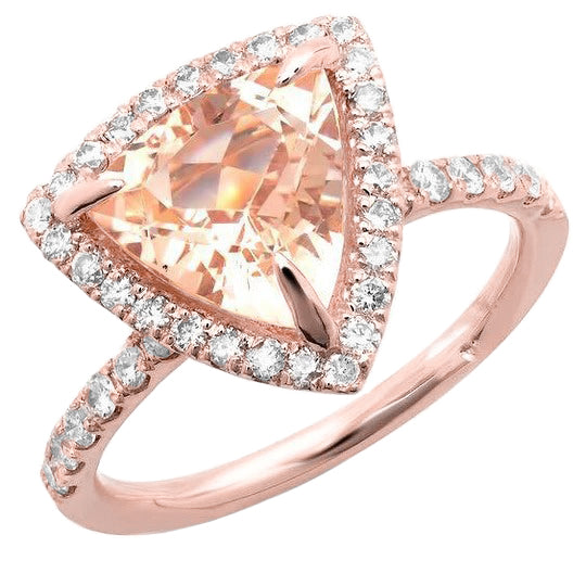 Rose Gold 14K 16.75 Ct Trillion Morganite And Round Natural Earth Mined Diamonds Ring
