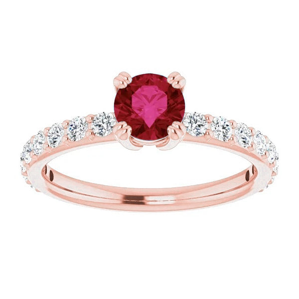 Rose Gold  Lady’s Brilliant Four Prong Diamond Round Ruby Ring  
