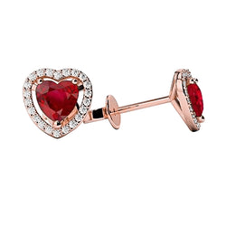 Rose Gold 14K 3.50 Ct Red Ruby And Diamonds Stud Halo Earrings