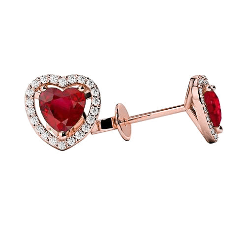 Rose Gold   Ladies Brilliant Sparkling  Red Ruby And Diamonds Stud Halo Earring