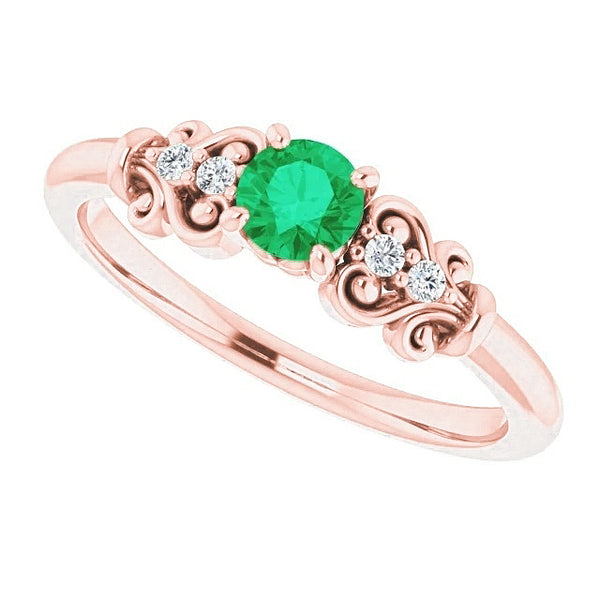New Stylish Sparkling Rose Gold  Diamond Round Green Emerald Ring