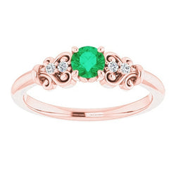 Rose Gold 14K Diamond Round Green Emerald Ring 1.40 Carats