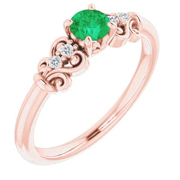  Rose Gold  Diamond Round Green Emerald Ring