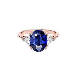 Rose Gold 3 Stone Ring Oval Blue Sapphire & Natural Earth Mined Diamond 8.25 Carats