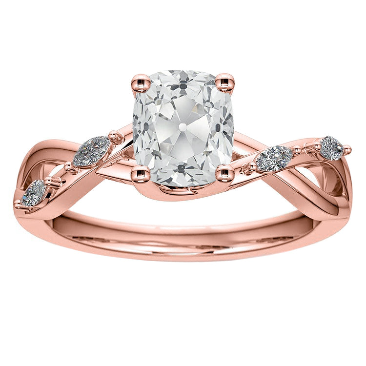 Rose Gold Cushion Old Miner Diamond Ring & Marquise Accents 