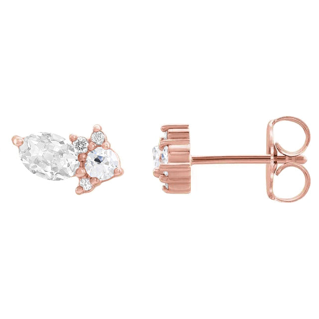 Rose Gold Diamond Stud Earrings Oval and Round Old Cut 5 Carats