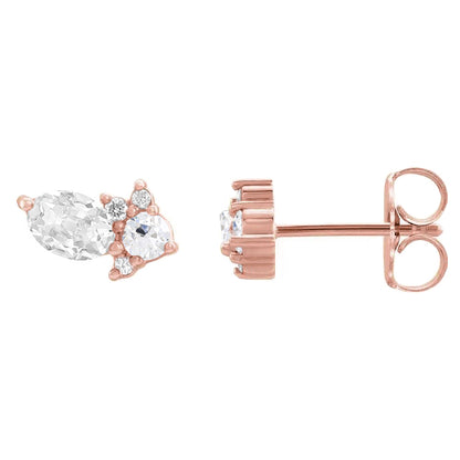 Rose Gold Diamond Stud Earrings Oval and Round Old Cut 5 Carats