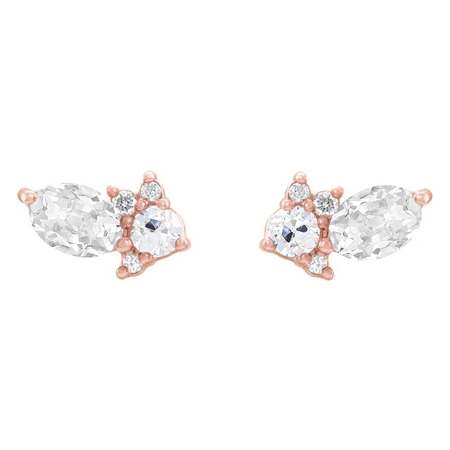 Rose Gold Diamond Stud Earrings Oval and Round Old Cut 5 Carats
