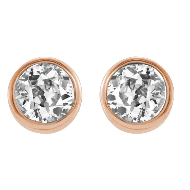 Rose Gold Diamond Stud Earrings Round Old Cut