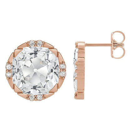 Rose Gold Diamond Stud Earrings Round Old Mine Cut 7 Carats