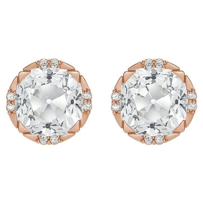 Rose Gold Diamond Stud Earrings Round Old Mine Cut 7 Carats