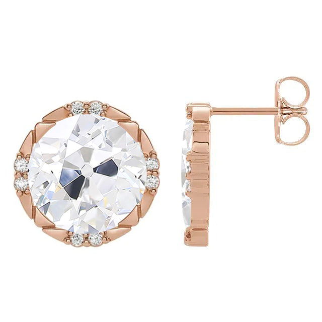 7 Carats Rose Gold Diamond Stud Earrings Round Old Miner 