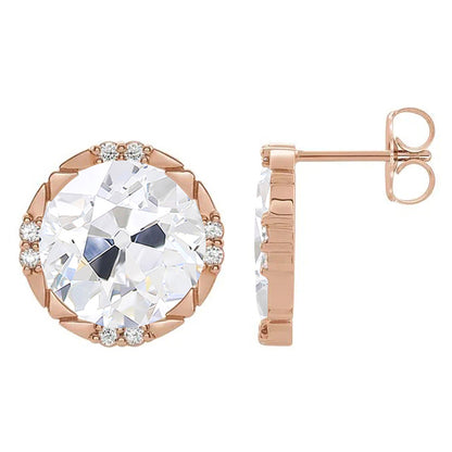 7 Carats Rose Gold Diamond Stud Earrings Round Old Miner 