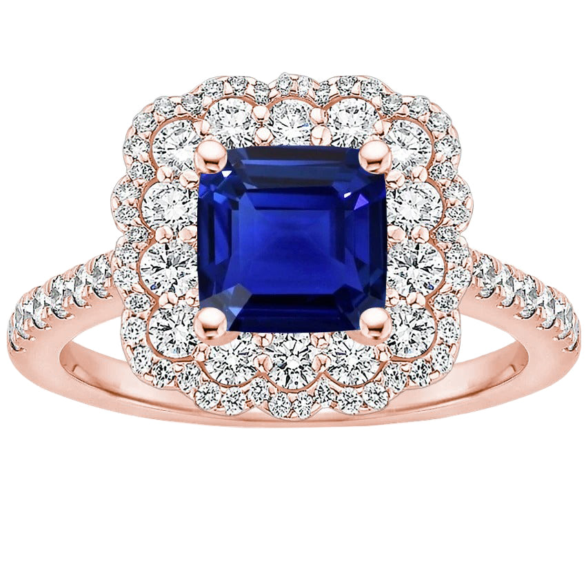 Rose Gold Halo  High Quality Unique Diamond Ring Cushion Blue Sapphire Center