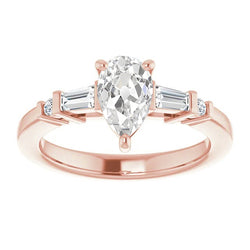 Real  Rose Gold Pear Old Miner Diamond Ring Tapered Shank 3.65 Carats