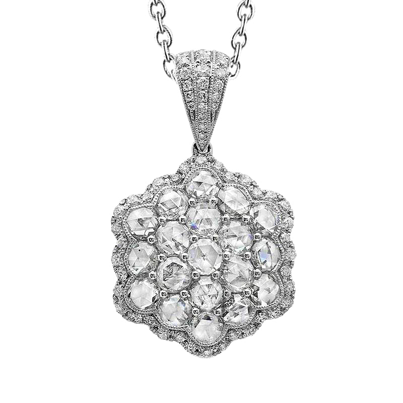 Rose Cut Natural Earth Mined Diamonds Pendant Necklace 2.70 Carats White Gold 14K