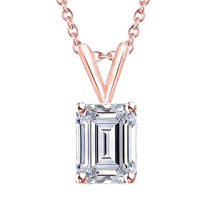 Rose Gold 14K Emerald Cut Natural Earth Mined Diamond Necklace Pendant 2 Carats