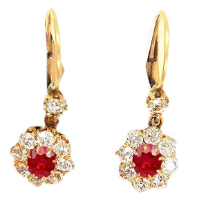 Round  Woman's  Weeding Anniversary   Ruby And Diamond Dangle Earrings Yellow Gold
