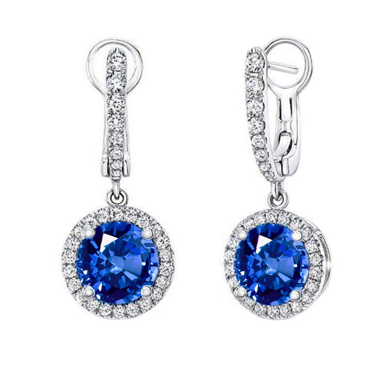 Round  Brilliant Engagement   Sapphire Diamond Dangle Earrings White Gold