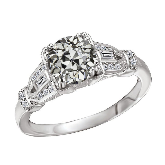 Round And Baguettes Old Mine Cut Diamond Engagement Ring 3 Carats
