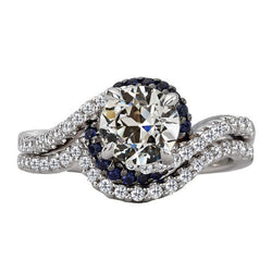 3.50 Carats Round Blue Sapphire Old Cut Natural Real Diamond ( Not Lab Grown ) Ring Set