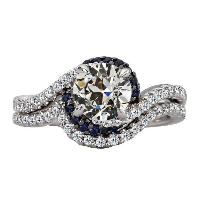 3.50 Carats Round Blue Sapphire Old Cut Diamond Ring Set