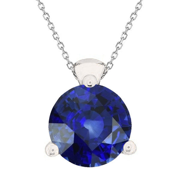 Round Blue Sapphire Solitaire Pendant 3 Prong Set