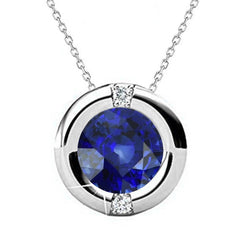 Round Blue Sapphire & Diamond 3 Stone Pendant Bezel Set 3.25 Carats