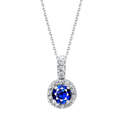 Round Blue Sapphire & Natural Earth Mined Diamond Halo Pendant 14K White Gold 3 Carats