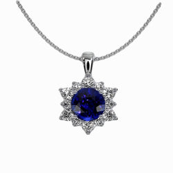 Round Ceylon Sapphire & Natural Earth Mined Diamond Halo Pendant Star Style 2.50 Carats
