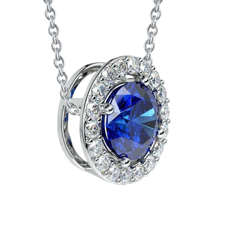 Round Cut 4.75 Ct. Sapphire With Natural Earth Mined Diamonds Pendant Necklace White